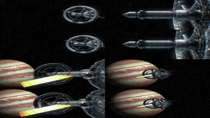 木星任务。垂直变形立体对，大飞船的3d动画。行星的纹理是在图形编辑器中创建的，没有照片和其他图像。