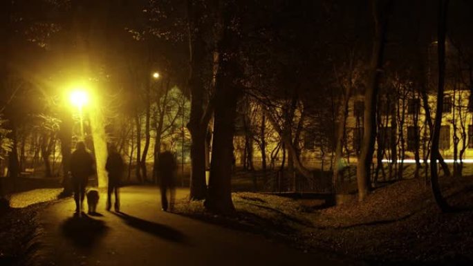 人们晚上在灯笼的灯光下在公园里散步。延时