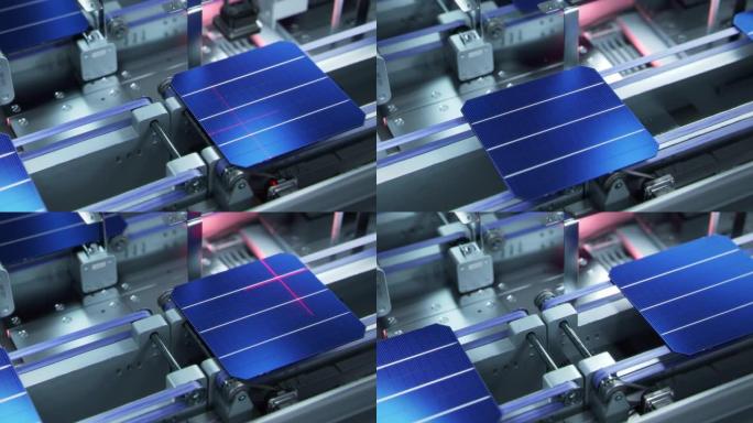 正在测试传送带上的太阳能电池。太阳能电池板生产工艺先进工厂。