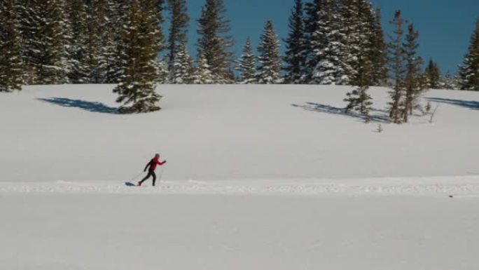 在科罗拉多州阳光明媚的日子里，远距越野滑雪运动员以 “对角大步” 的方式在经过修饰的小径上进行远距越