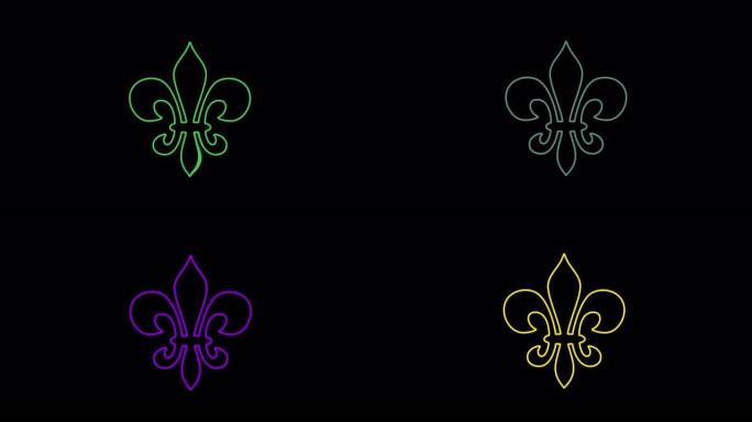 狂欢节星期二发胖。黑色背景上美丽的黄绿色紫色芙蓉百合花符号的动画绘制。威尼斯狂欢节狂欢节无缝循环模式