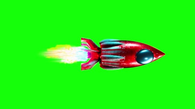 红色火箭正在3D渲染中创建的循环3d渲染动画中穿越太空。在绿色屏幕背景上隔离，末端部分带有亮度哑光。