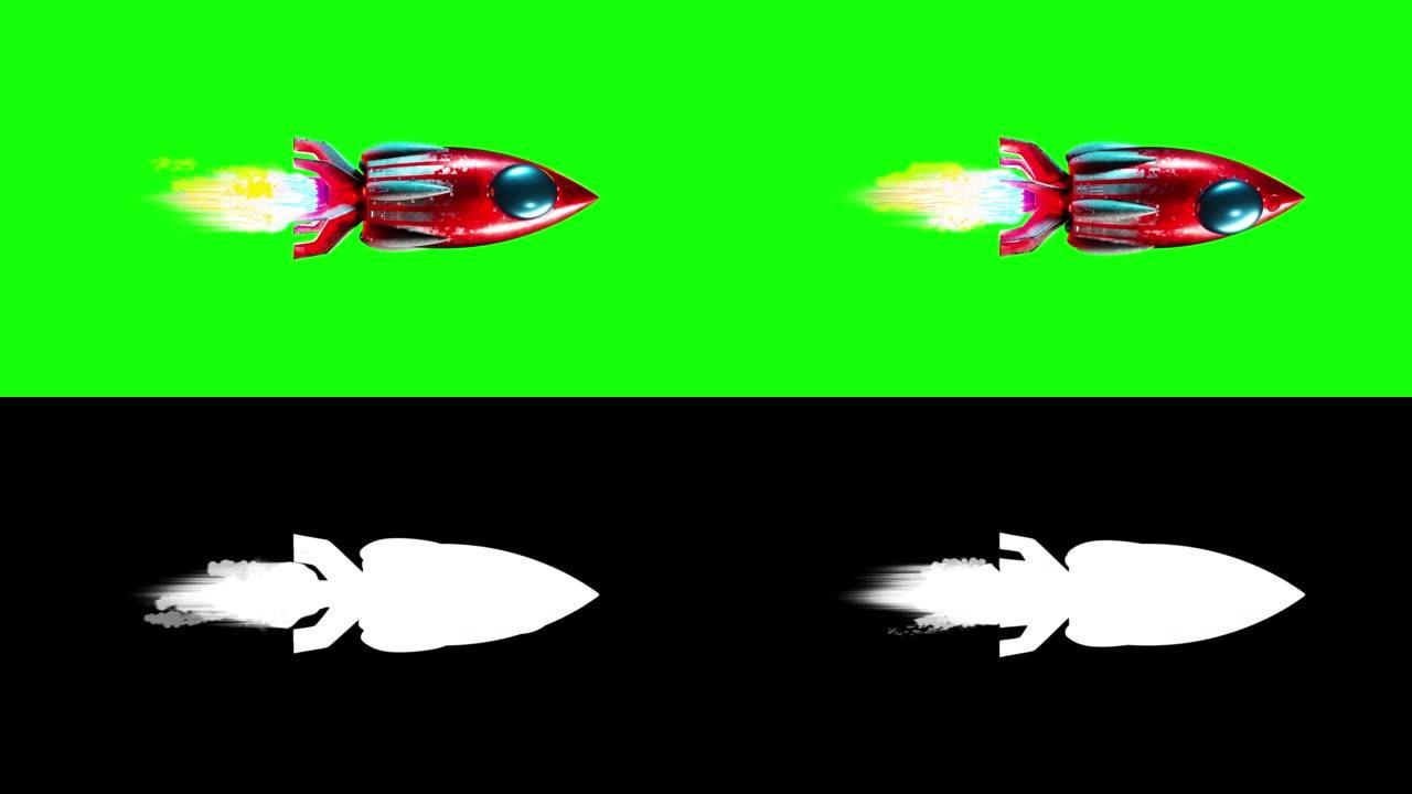 红色火箭正在3D渲染中创建的循环3d渲染动画中穿越太空。在绿色屏幕背景上隔离，末端部分带有亮度哑光。