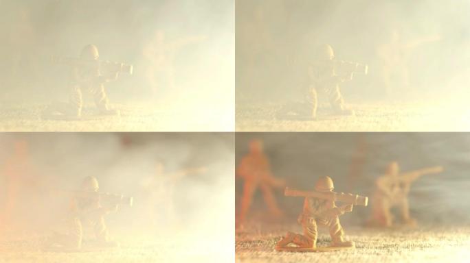 烟雾笼罩着一个塑料玩具士兵榴弹发射器。发射榴弹发射器的概念