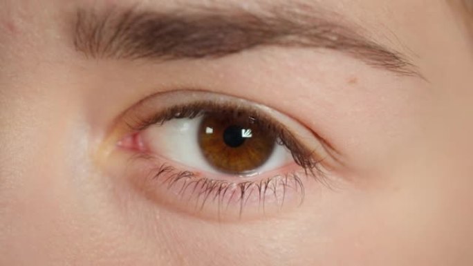 瞳孔缩小的特写镜头，改变棕色眼睛的瞳孔大小。年轻女人的表情。视觉和眼部治疗概念