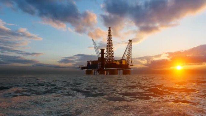 海上石油平台的动画。飞越拍摄惊人的日落