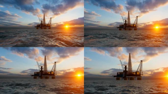海上石油平台的动画。飞越拍摄惊人的日落