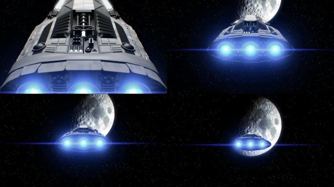 背景上的月亮，外星科幻宇宙飞船接近自然卫星。强大的引擎脉动和闪烁，3d。月亮的纹理是在没有照片的图形