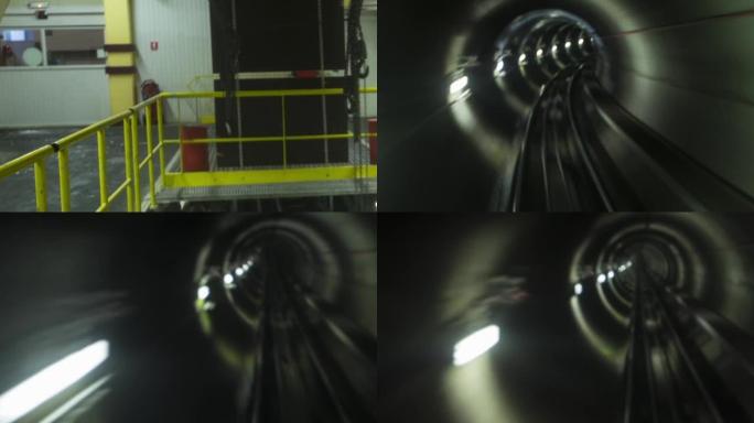 在通过照明隧道在地下行进的缆车中延时