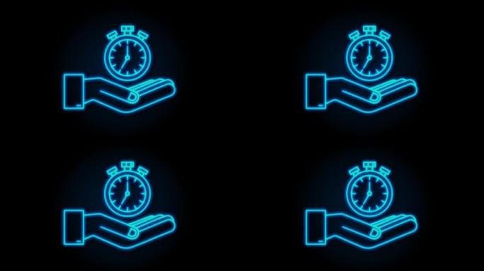 霓虹灯计时器在手。带计时器的图标。商业概念。手表，时间图标，时钟。运动图形。