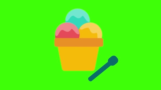 绿色屏幕上弹出带有勺子的彩色冰淇淋球图标