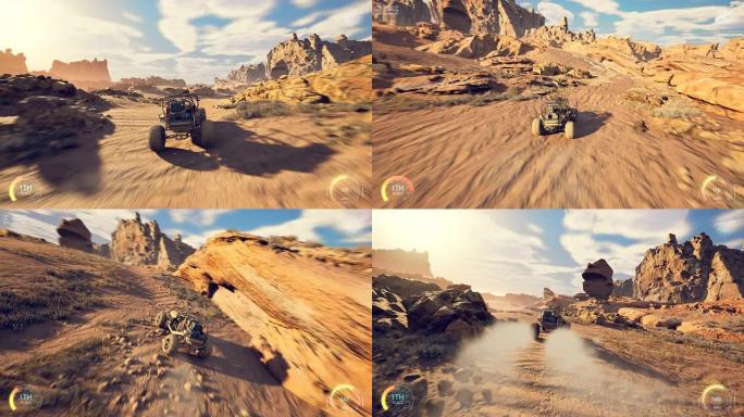 伪造的3D视频游戏。4k赛车穿越沙漠。HUD。
