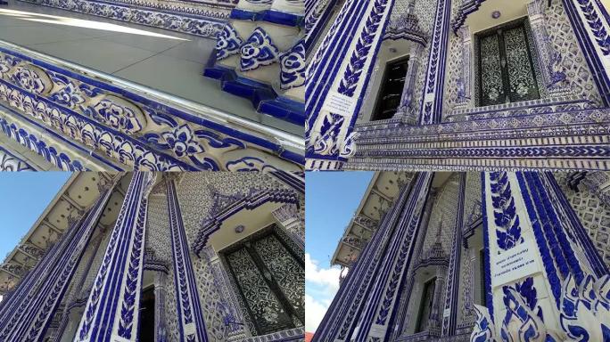 平移侧面蓝色陶瓷泰国寺庙。
