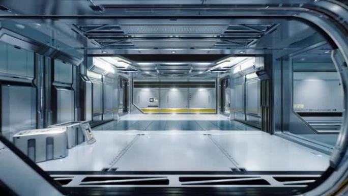 飞行通过宇宙飞船的走廊，逼真的3d动画。它显示了宇宙飞船的内部