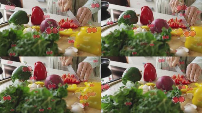 多个樱桃图标的复合视频反对一个女人切蔬菜的中间部分
