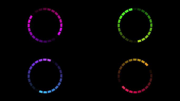 彩色条形图标的动画，在黑色背景上围成一圈排列。装载进度指示器。无缝循环。视频动画背景。