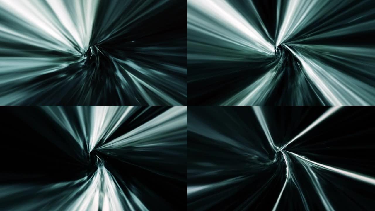 抽象深绿色外星人超空间经纱隧道穿越时空动画。4K 3D循环科幻星际旅行穿过超空间涡旋隧道中的虫洞。抽