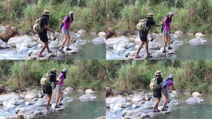 两名年轻女子徒步过河