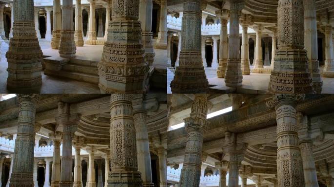 美丽的Ranakpur耆那教寺庙或Chaturmukha Dharana寺庙的柱子在拉贾斯坦邦Ran