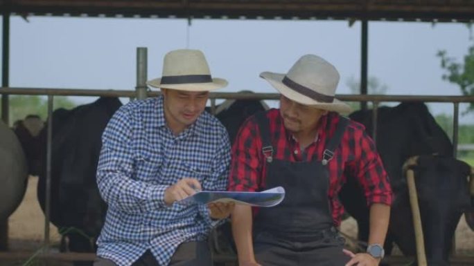 两名男性农民在奶牛场讨论woking