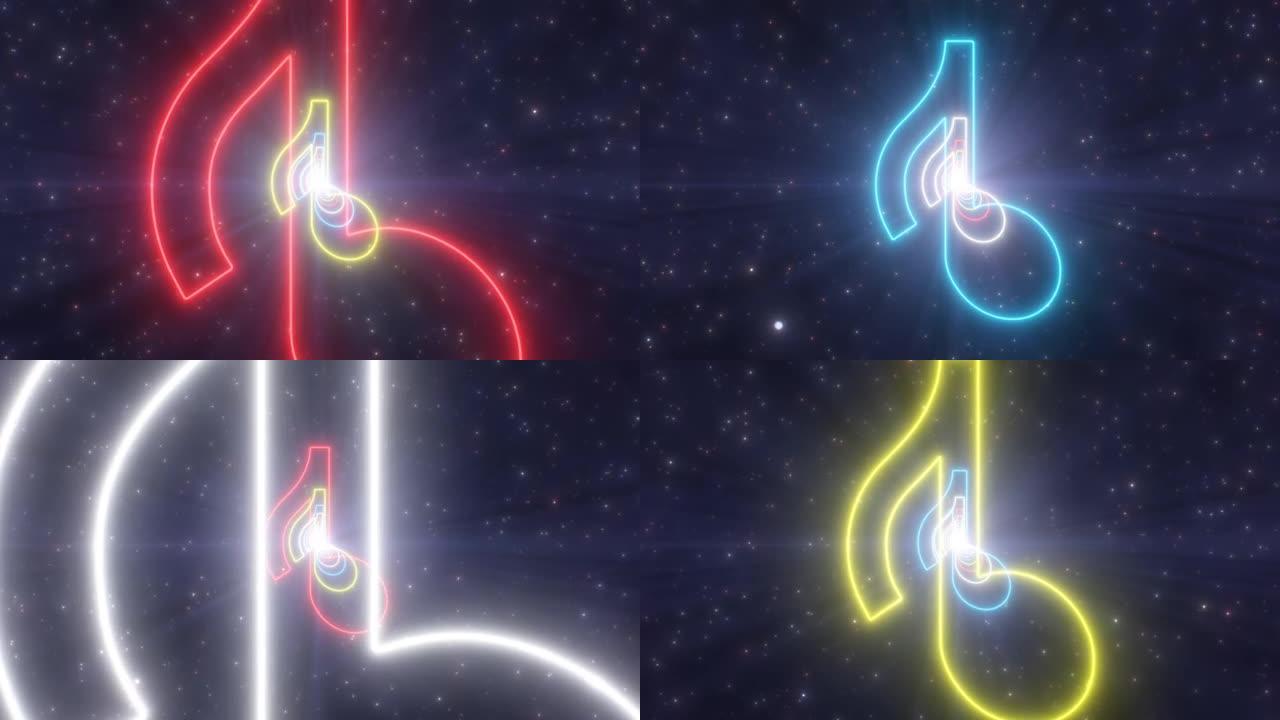 音乐音符音乐第八音符颤音形状发光霓虹灯隧道-4k无缝VJ循环运动背景动画