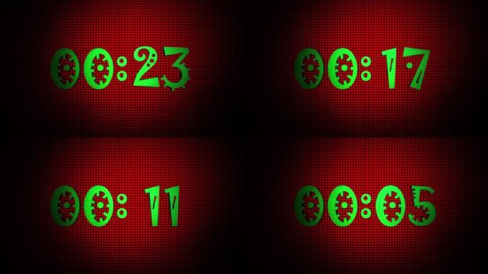 红色网格数字背景上的3D发光绿色30至0秒数字倒计时。4k 3D渲染倒计时数字，未来抽象背景。节目开