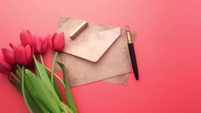桌子上的信封、信件和郁金香花
