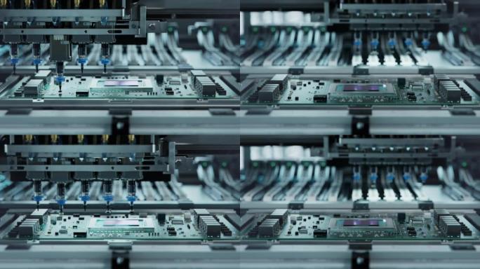 自动拾取和放置机器将元件安装在电路板上。电子产品和电路板制造厂。