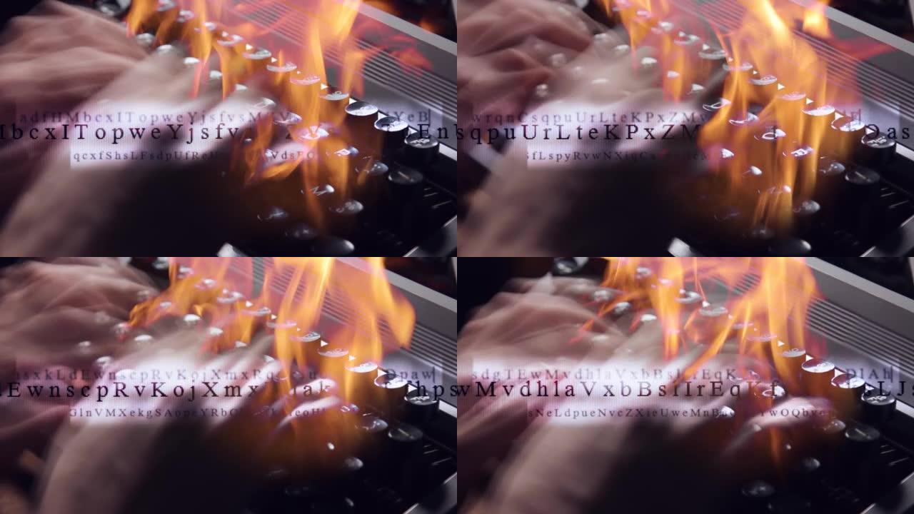 一个在燃烧的打字机上打字的人