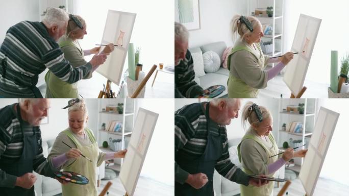 开朗的老人给参加美术课的年长女性上绘画课。