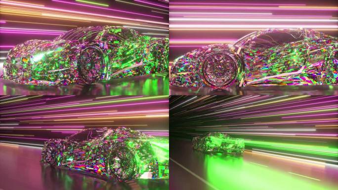 未来主义概念。发光霓虹灯线背景上的钻石跑车。粉色绿色。3d动画