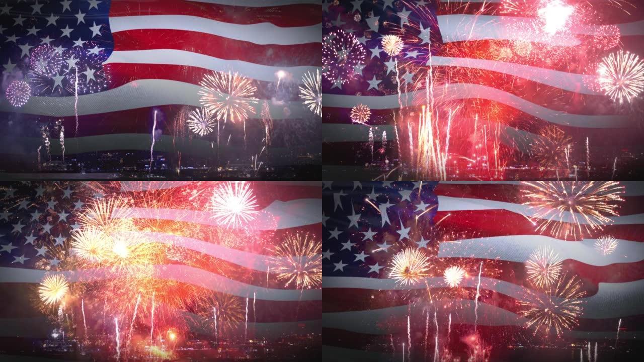 美国国旗7月4日烟花背景，独立日假期背景