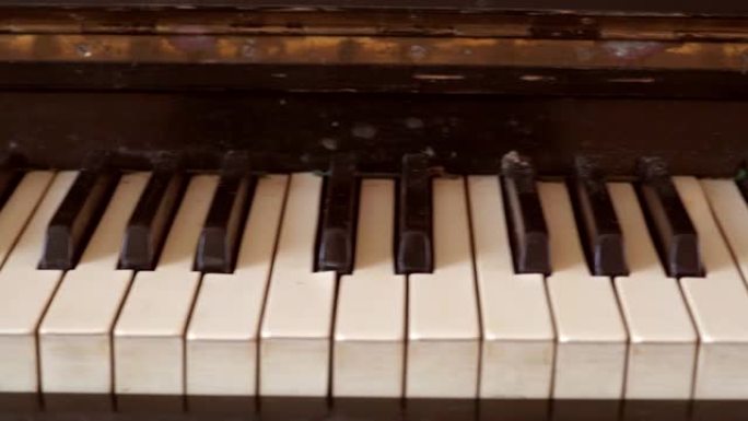 闪亮的黑白旧钢琴琴键特写，金色黄铜边缘反射，景深浅。