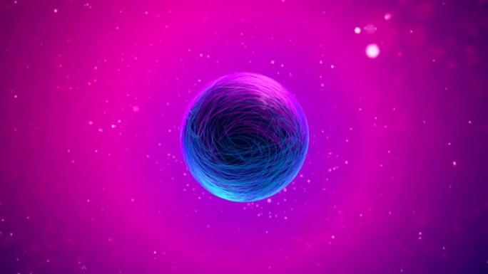动画发光的紫色和蓝色球在迷人的闪闪发光的紫色背景上旋转得很漂亮。4k。