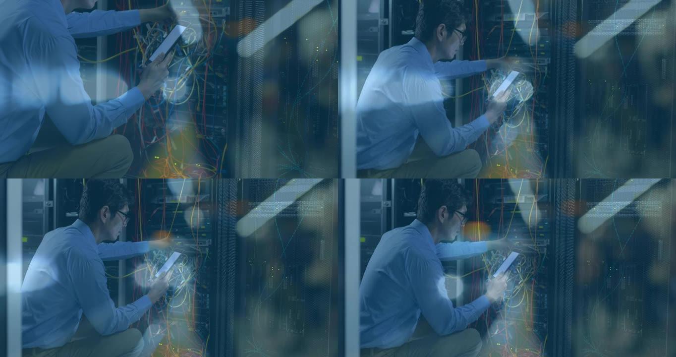 通过计算机服务器通过智能手机在亚洲it技术人员上闪烁的路灯动画