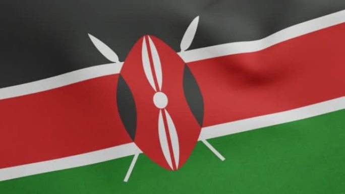 肯尼亚国旗挥舞原始大小和颜色3D渲染，肯尼亚共和国国旗纺织品与马赛盾，盾徽肯尼亚独立日，本德拉亚肯尼