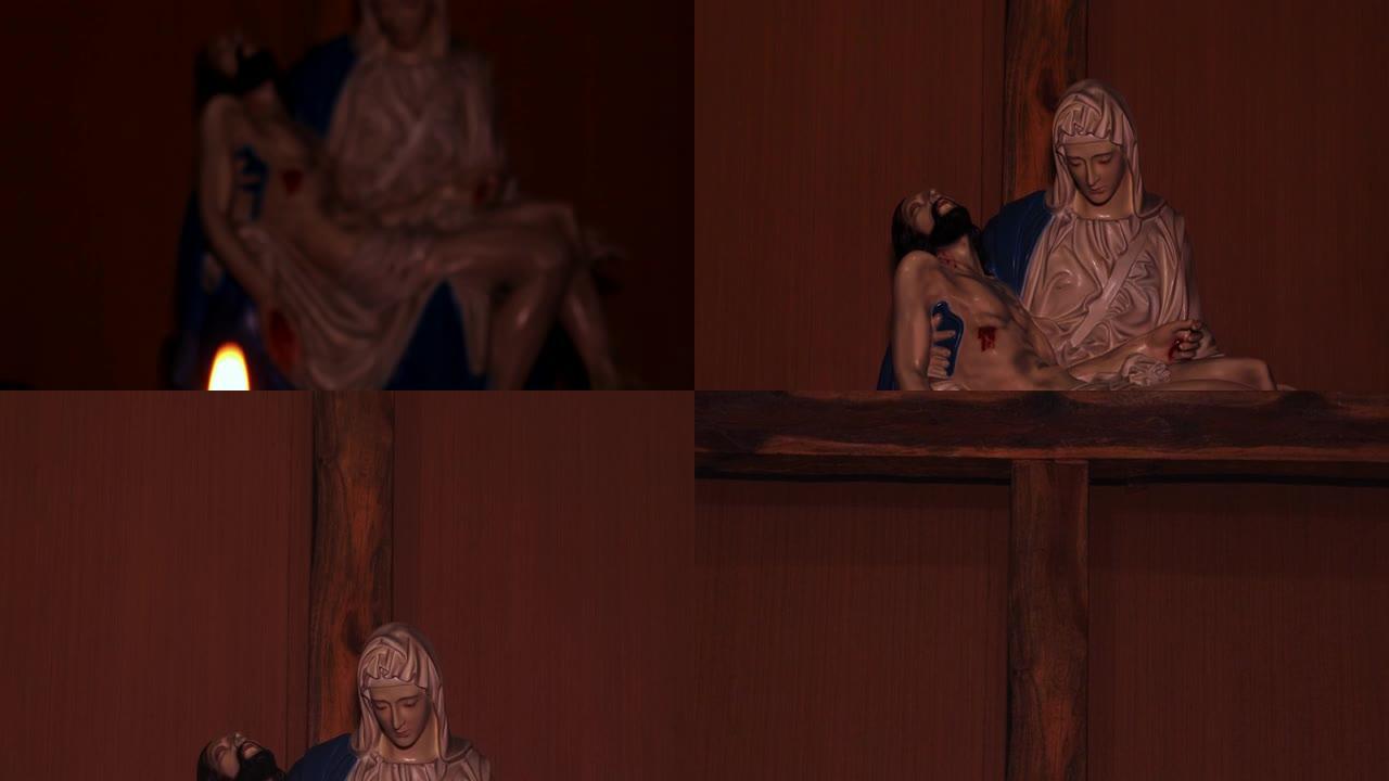 2017年3月13日，雅加达: 带有Pieta和耶稣受难像标志的紫色蜡烛的录像