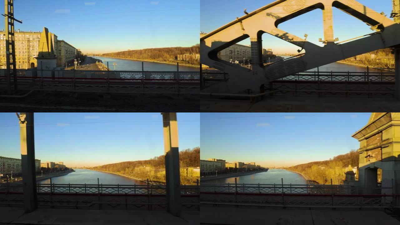 从火车在铁路桥上过河的窗户看