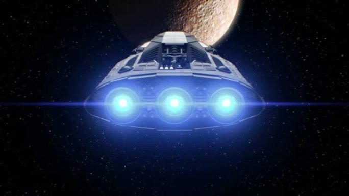背景上的水星，外星科幻宇宙飞船接近行星。强大的引擎脉动和闪烁，3d。行星的纹理是在图形编辑器中创建的