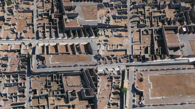 从空中俯瞰被维苏威火山爆发摧毁的古罗马城市庞贝遗址——意大利坎帕尼亚那不勒斯全景