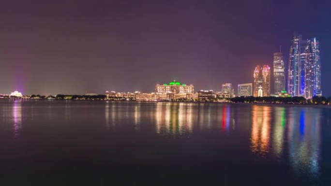 夜灯阿布扎比著名观点玛丽娜岛市中心全景4k延时阿联酋