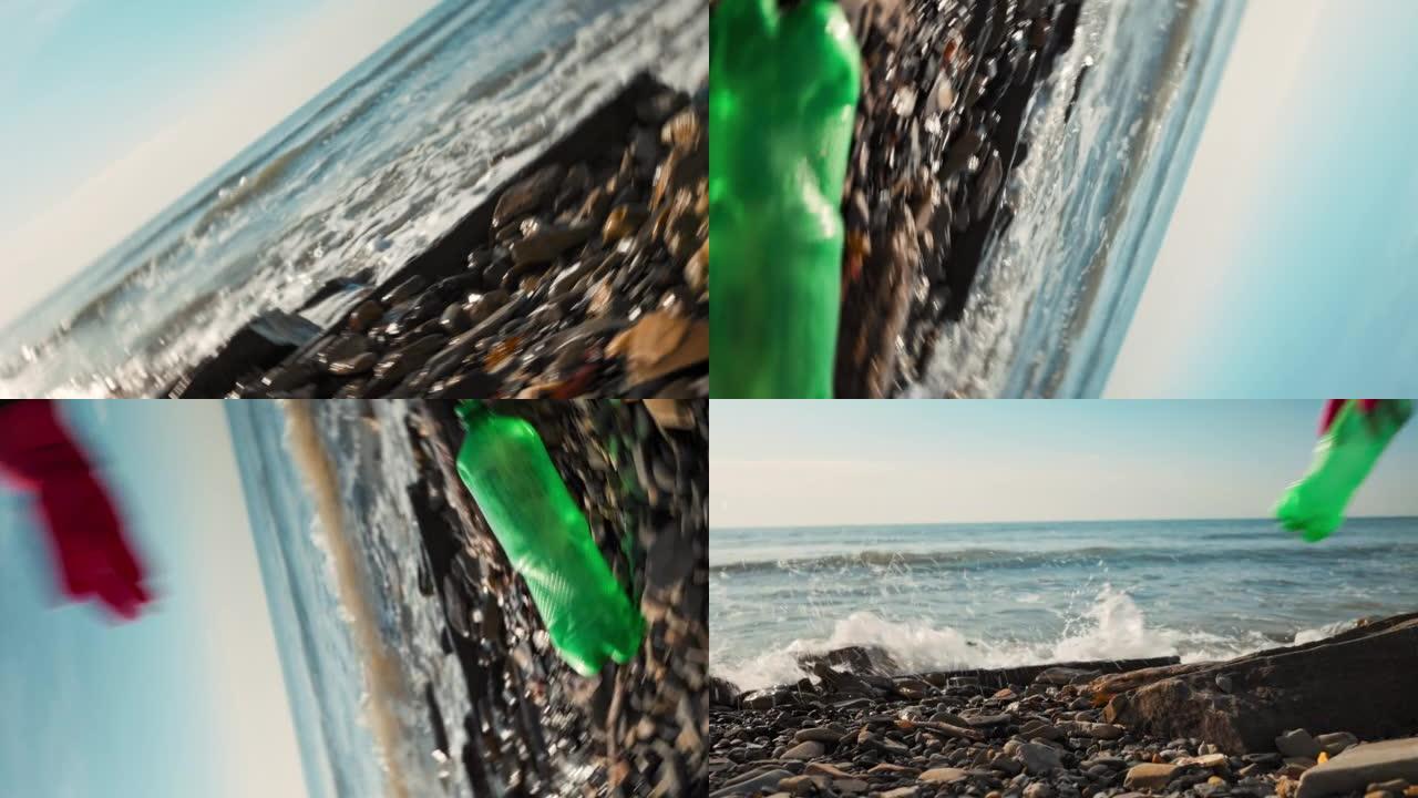 一名女志愿者拿着一个塑料脏绿色瓶子。近距离接触。将相机旋转360度。地球日和生态学的概念