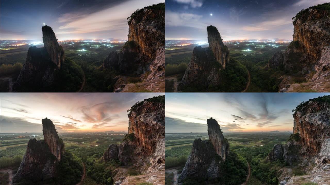 宋卡府考库哈的夜幕降临到日出场景。有绿色林木的山。泰国的自然景观背景。黄山