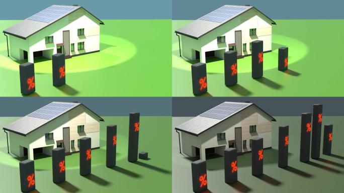 3D视频。在房屋背景上增加带有百分比符号的盒子