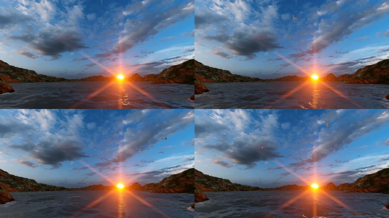 海鸥在日落时以惊人的天空飞过大海