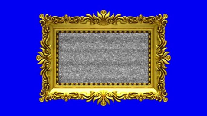 背景上的蓝屏。电视噪音和绿色色度键以华丽的金色相框在屏幕上播放。3D动画介绍。