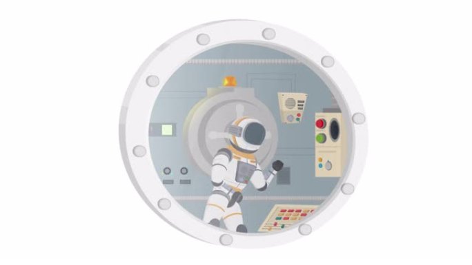 宇航员控制着航天器。控制面板设置的动画。卡通