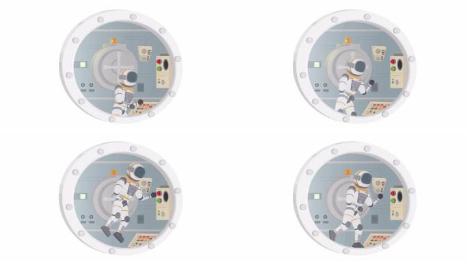 宇航员控制着航天器。控制面板设置的动画。卡通