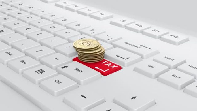 美国Dllar硬币堆叠在白色键盘回车键上。在线纳税概念