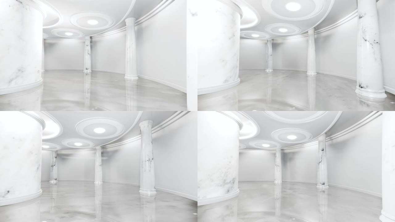 运动空白色大厅。显示经典风格。走廊，室内设计，建筑，技术，停车场，科学，画廊，教堂，房间的3D背景。